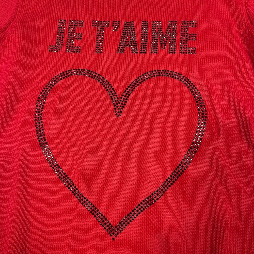 Nanette Lepore Red Je T'aime Heart Rhinestone Knit Sweater Womens Small - Picture 3 of 12